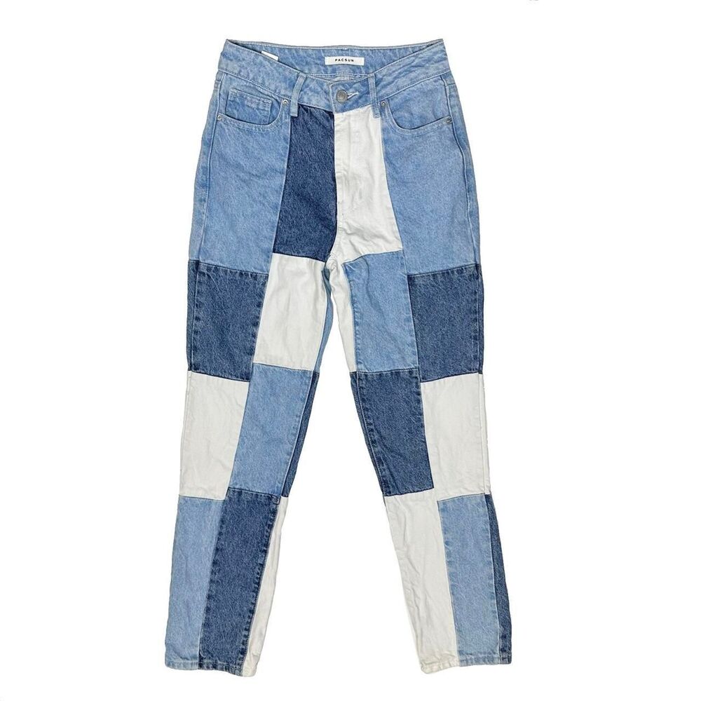 Pacsun Women's Blue and White Patchwork Jeans Festival Hipster Boho Cali Sz 23